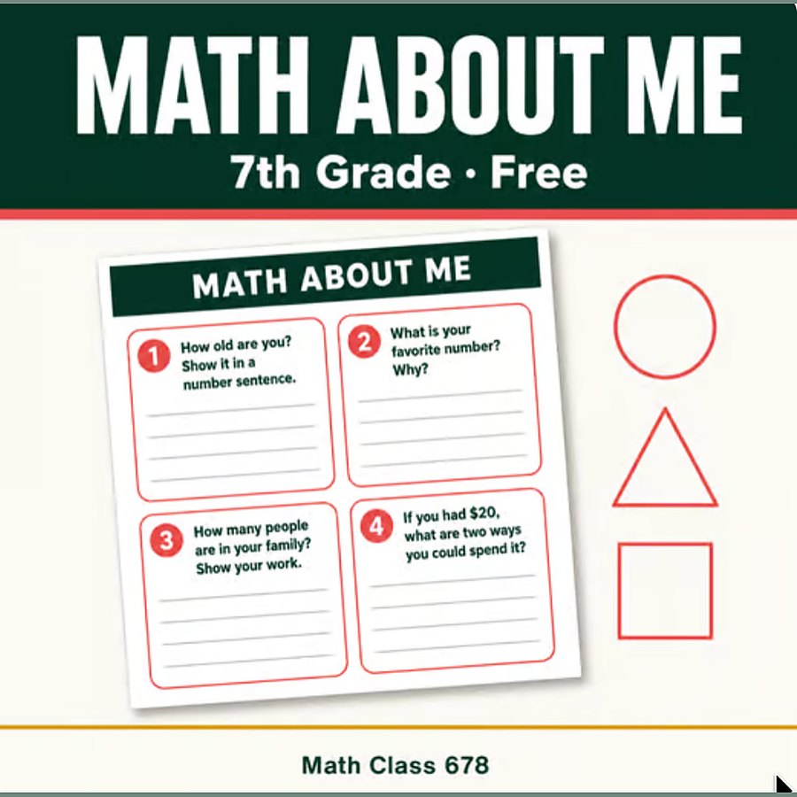 7th Grade Math About Me — free 7th math resource from Math Class 678