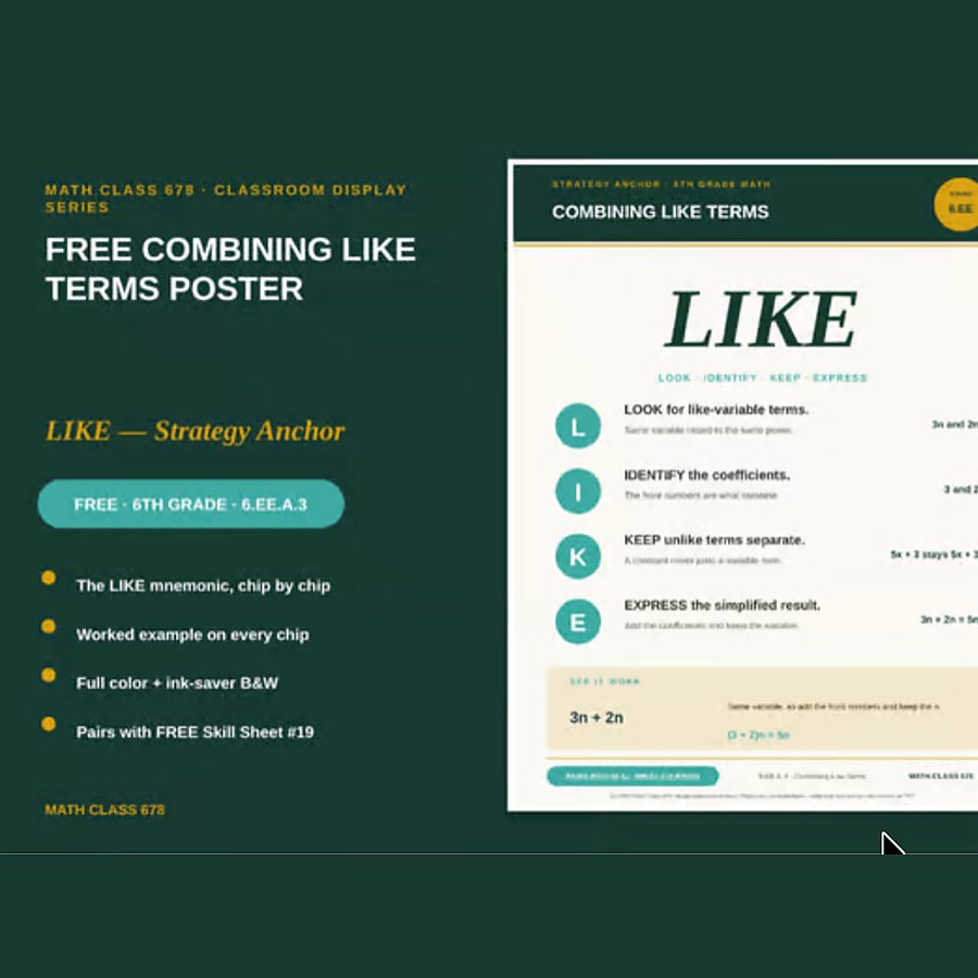 FREE Combining Like Terms Poster — free 6th math resource from Math Class 678