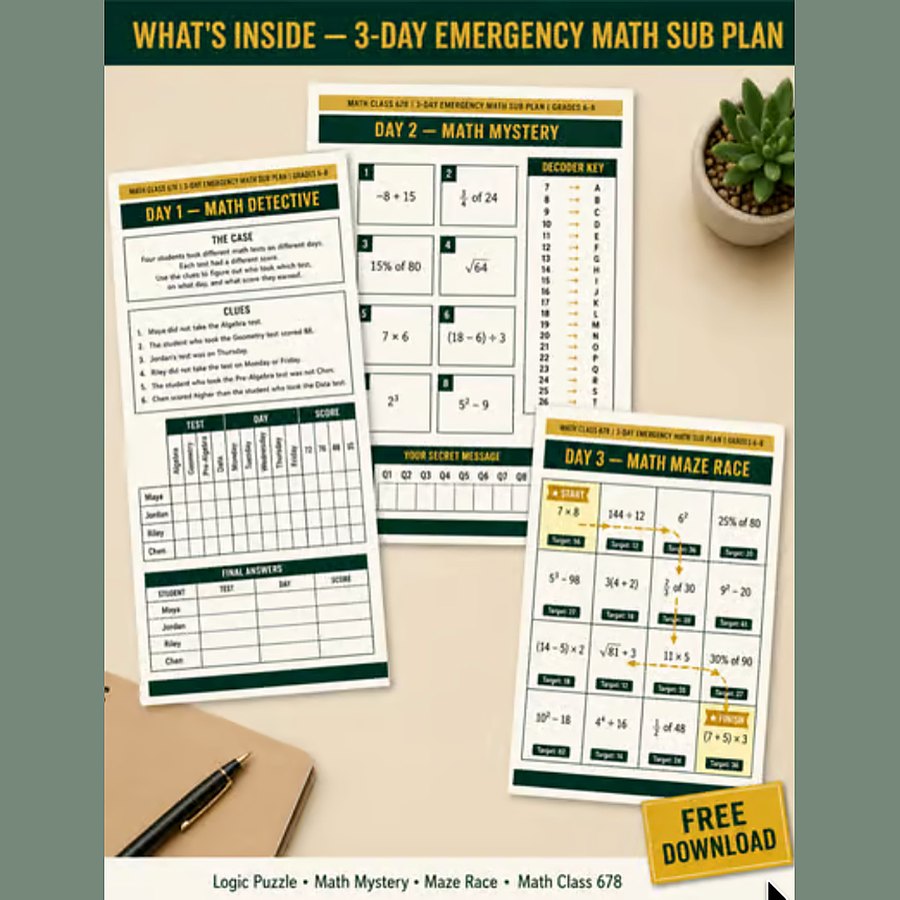 3-Day Emergency Math Sub Plan — free Grades 6–8 math resource from Math Class 678