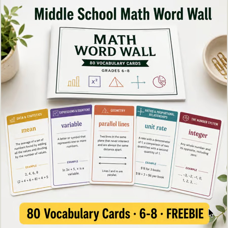 Middle School Math Word Wall — free Grades 6–8 math resource from Math Class 678