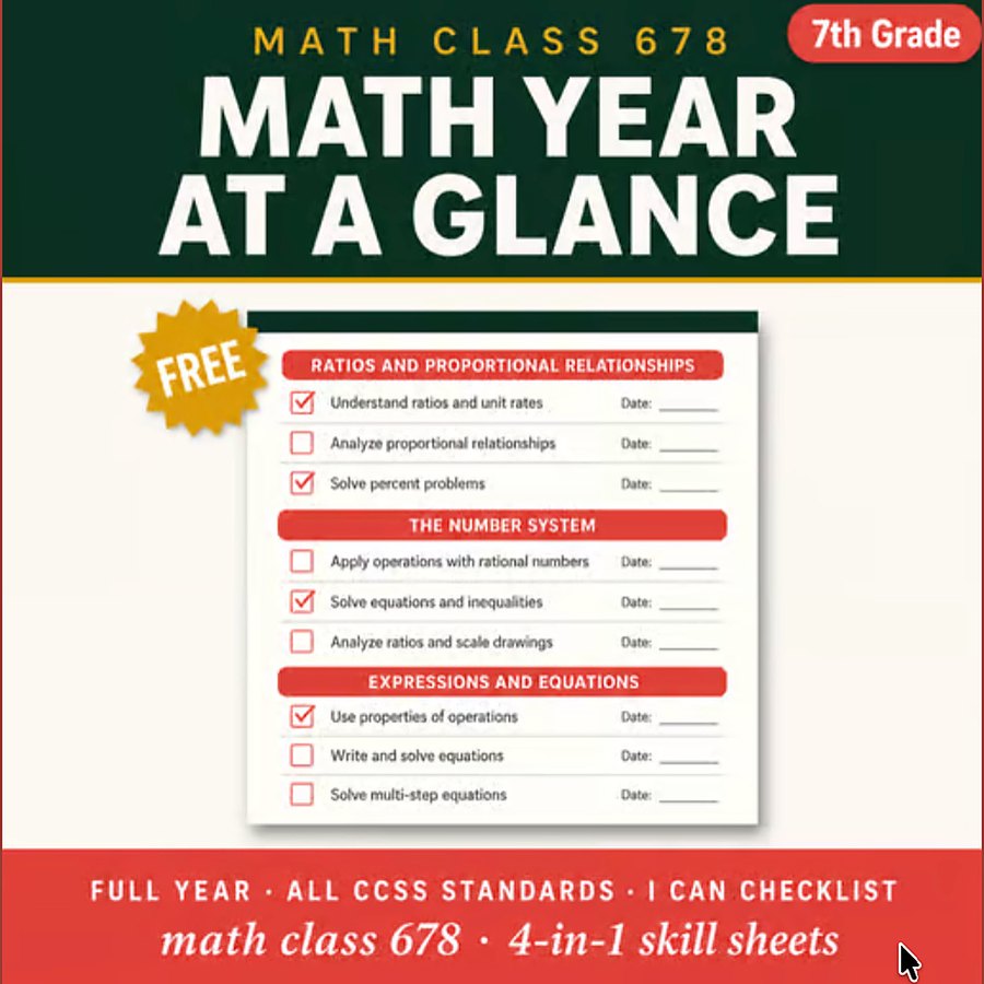 7th Grade Math Year at a Glance FREE — free 7th math resource from Math Class 678