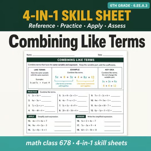 Combining Like Terms — free 6th math resource from Math Class 678