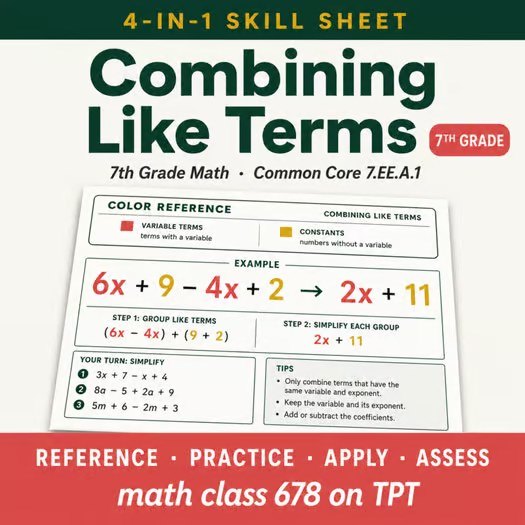 Combining Like Terms — free 7th math resource from Math Class 678